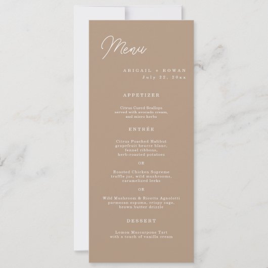 Carte de menu de mariage longue écriture minimalis (Devant)