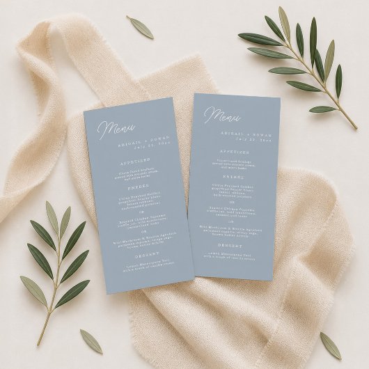 Carte de menu de mariage longue et moderne en bleu