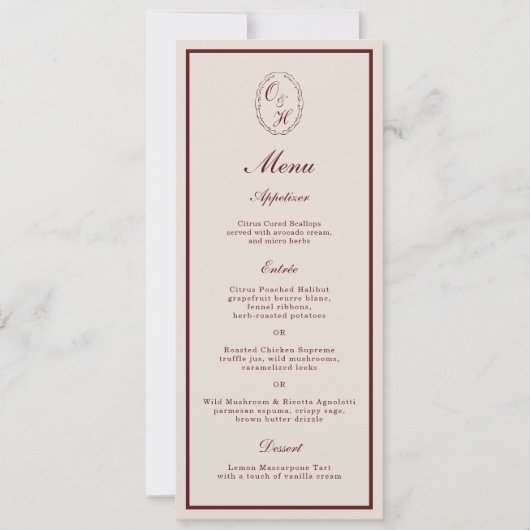 Carte de menu de mariage longue monogramme en bord (Devant)