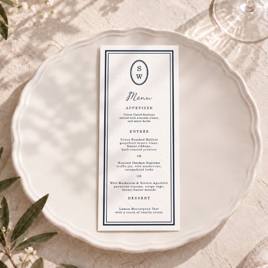 Carte de menu de mariage longue monogramme nautiqu