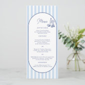Carte de menu de mariage longue rayée Cabane Bleue (Debout devant)