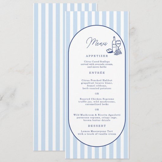 Carte de menu de mariage longue rayée Cabane Bleue (Devant / Derrière)