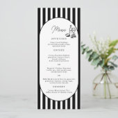 Carte de menu de mariage longue rayée noir et blan (Debout devant)