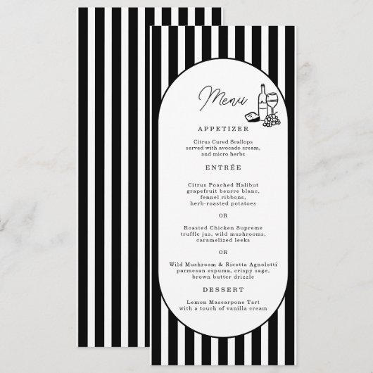 Carte de menu de mariage longue rayée noir et blan (Devant / Derrière)
