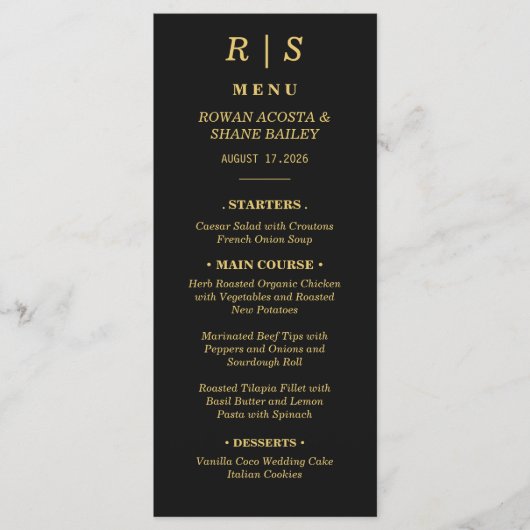 Carte de Menu de Mariage Luxe Noir et Or (Devant)