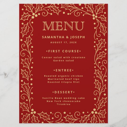 Carte de menu de mariage Luxe Rouge et Or Antique (Devant)