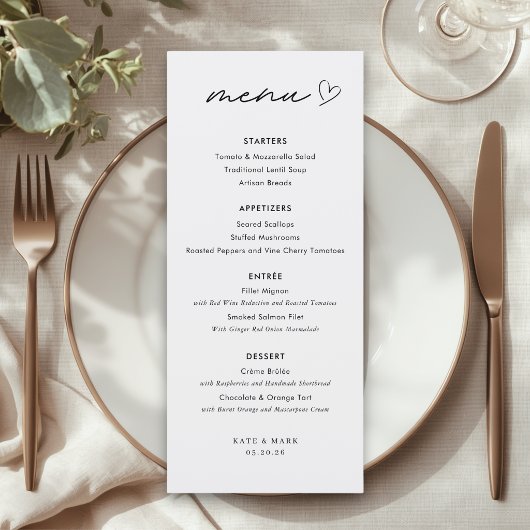 Carte de menu de mariage minimaliste