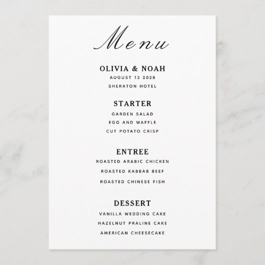 Carte de menu de mariage minimaliste noir et blanc (Devant)