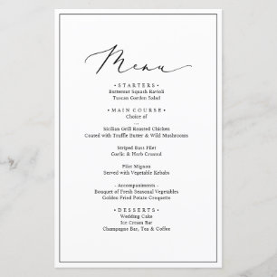 Carte de menu de mariage minimaliste noir et blanc