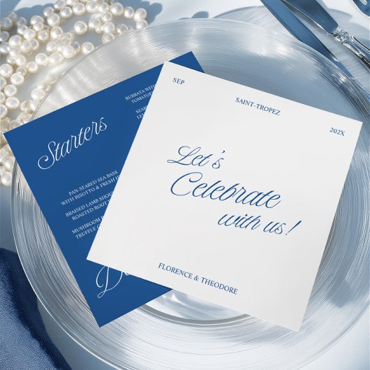 Carte de Menu de Mariage Moderne à l'Écriture Bleu