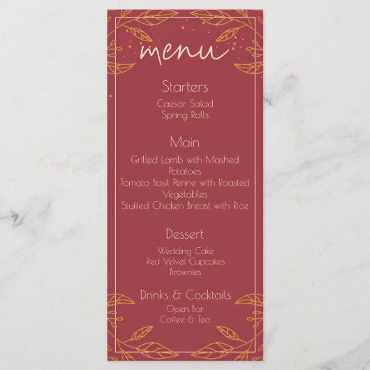 Carte de menu de mariage moderne élégant bordeaux  (Devant)