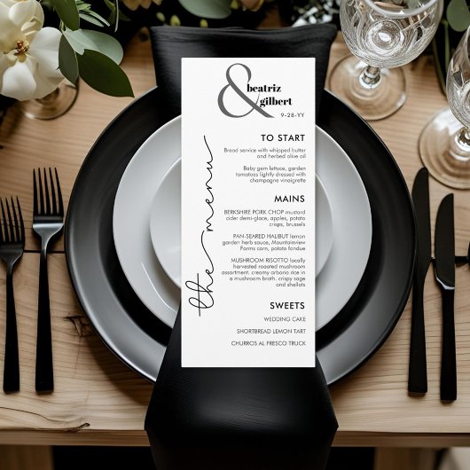 Carte de menu de mariage moderne monogramme noir e