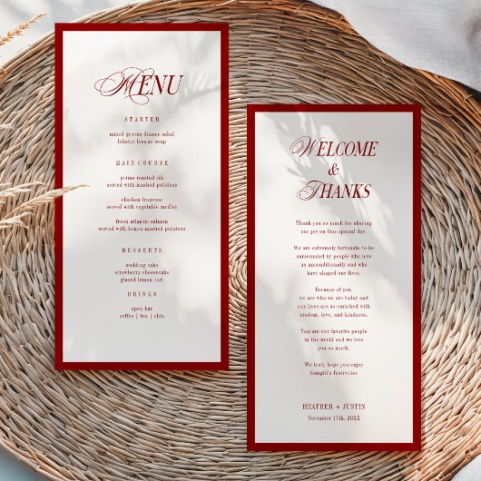 Carte de menu de mariage moderne rouge et note de