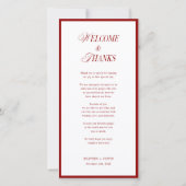 Carte de menu de mariage moderne rouge et note de (Dos)