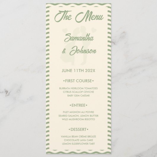 Carte de menu de mariage moderne vert sauge à rayu (Devant)