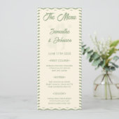 Carte de menu de mariage moderne vert sauge à rayu (Debout devant)