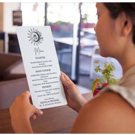 Carte de menu de mariage mystique céleste