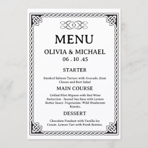 Carte de menu de mariage noeud celtique irlandais