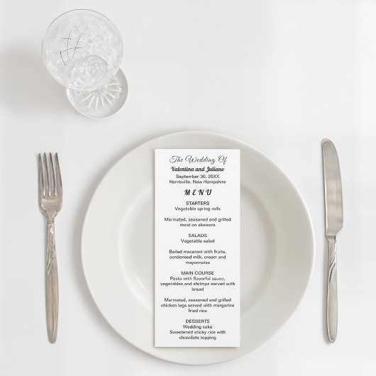 Carte de Menu de Mariage Noir et Blanc