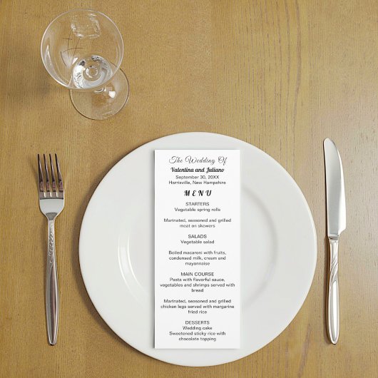 Carte de menu de mariage noir et blanc