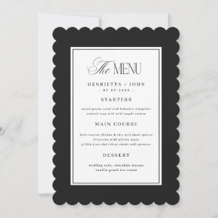 Carte de menu de mariage noir et blanc à bord fest