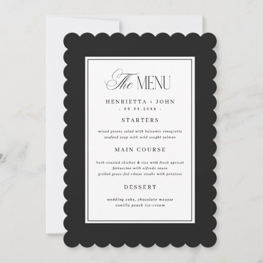 Carte de menu de mariage noir et blanc à bord fest (Devant)