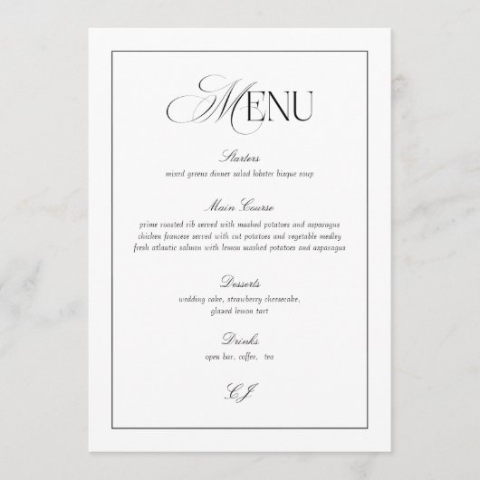 Carte de menu de mariage noir et blanc Old Money (Devant)