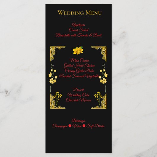 Carte de menu de mariage noir et or (Devant)