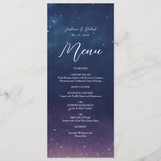 Carte de Menu de Mariage Nuit Étoilée Céleste (Devant)