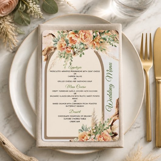 Carte de menu de mariage Peach Roses & Driftwood