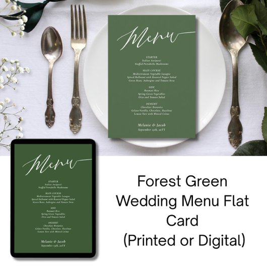 Carte de menu de mariage plat vert forêt