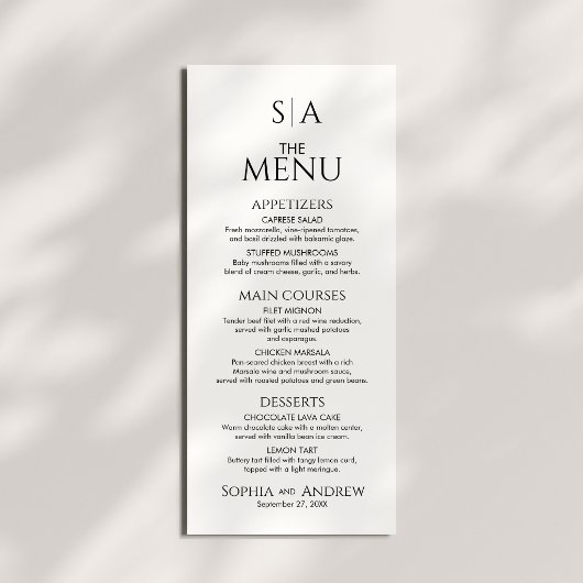 Carte de Menu de Mariage pour Décoration de Table