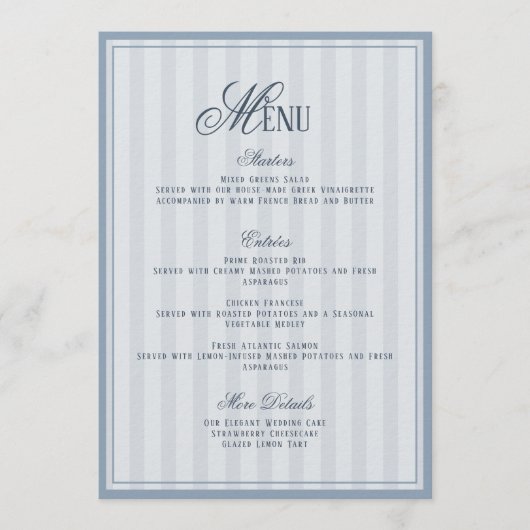 Carte de menu de mariage rayée bleue (Devant)