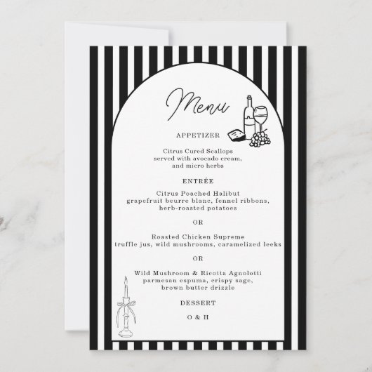 Carte de menu de mariage rayée noir et blanc (Devant)