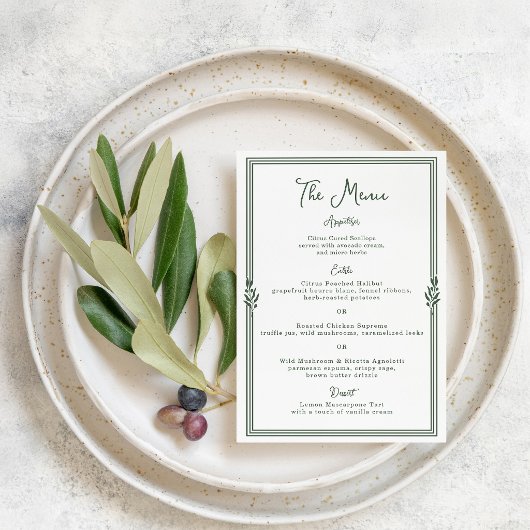 Carte de menu de mariage rayée vert olive Old Mone
