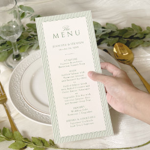 Carte de menu de mariage rayée vert sauge