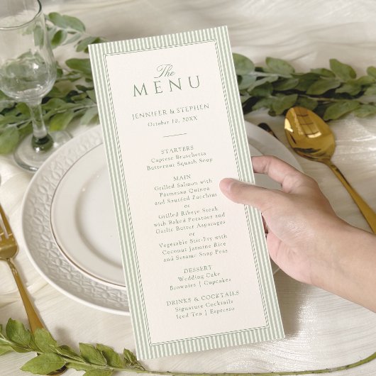 Carte de menu de mariage rayée vert sauge