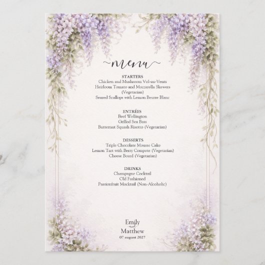 Carte de menu de mariage Régence Wisteria (Devant)
