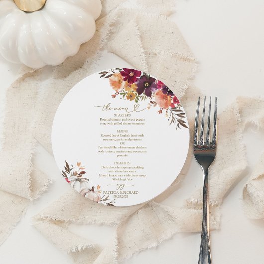 Carte de menu de mariage rond Cercle de citrouille