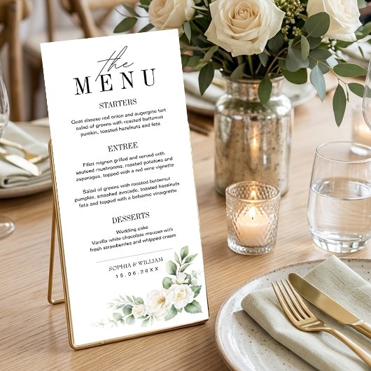 Carte de Menu de Mariage Rose Blanche et Feuillage