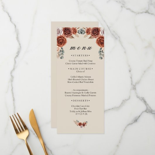 Carte de Menu de Mariage Rose Orange Brûlée et Her (Devant/Arrière en situation)