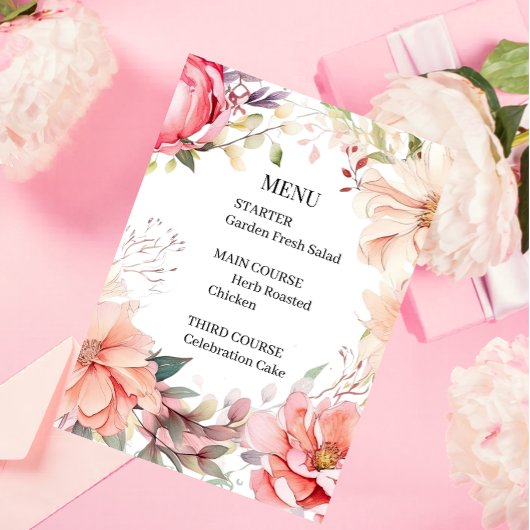 Carte de Menu de Mariage Rose Romantique