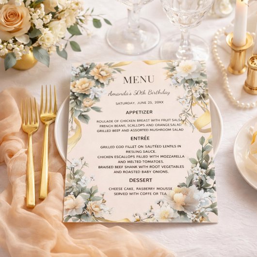 Carte de menu de mariage ruban floral jaune doré