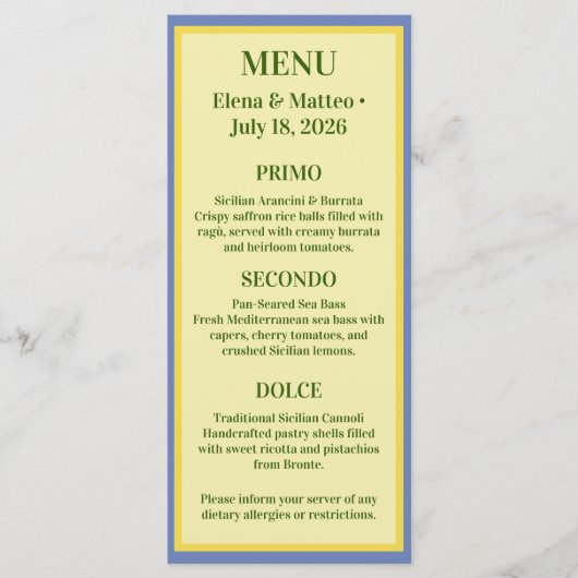 Carte de Menu de Mariage Sicilien Tuile & Citron (Devant)