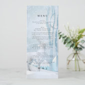 Carte de menu de mariage sous la neige d'hiver (Debout devant)