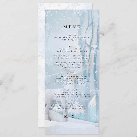 Carte de menu de mariage sous la neige d'hiver (Devant / Derrière)