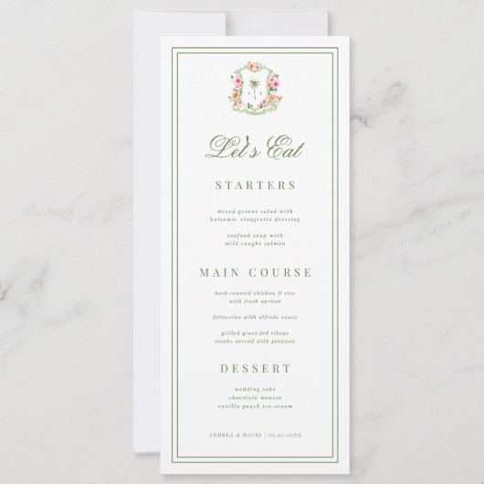 Carte de menu de mariage tropical avec monogramme  (Devant)
