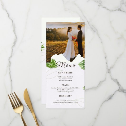 Carte de Menu de Mariage Tropical Romantique (Devant/Arrière en situation)
