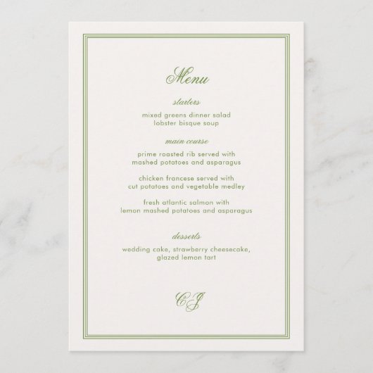 Carte de menu de mariage vert argent ancien (Devant)
