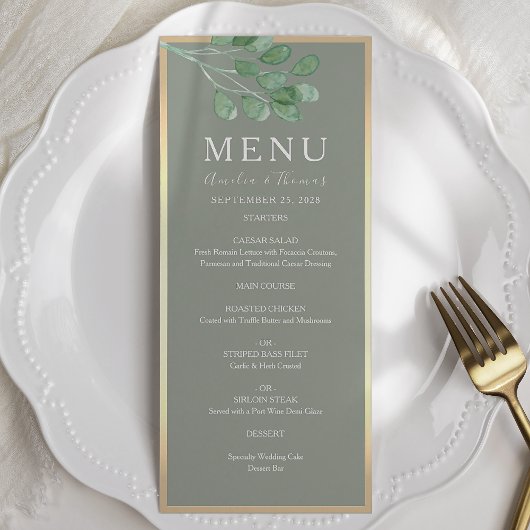 Carte de menu de mariage vert eucalyptus rustique